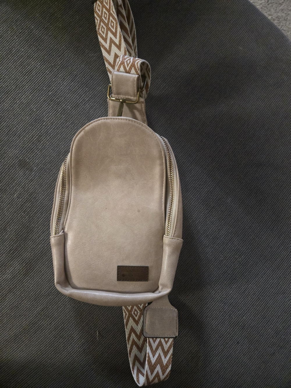 Women's Crossbody Sling Bag in Taupe with Patterned Strap